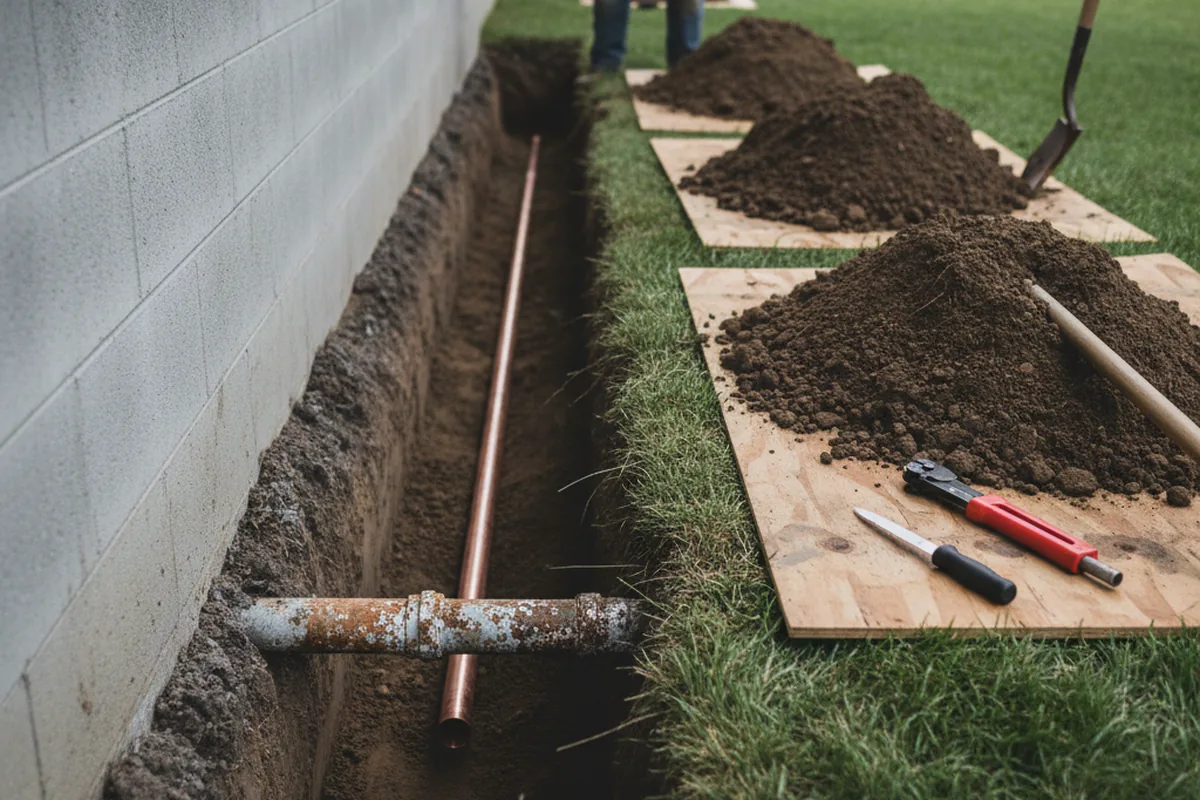 Excavated water line trench during Water Softener Installation in Martin